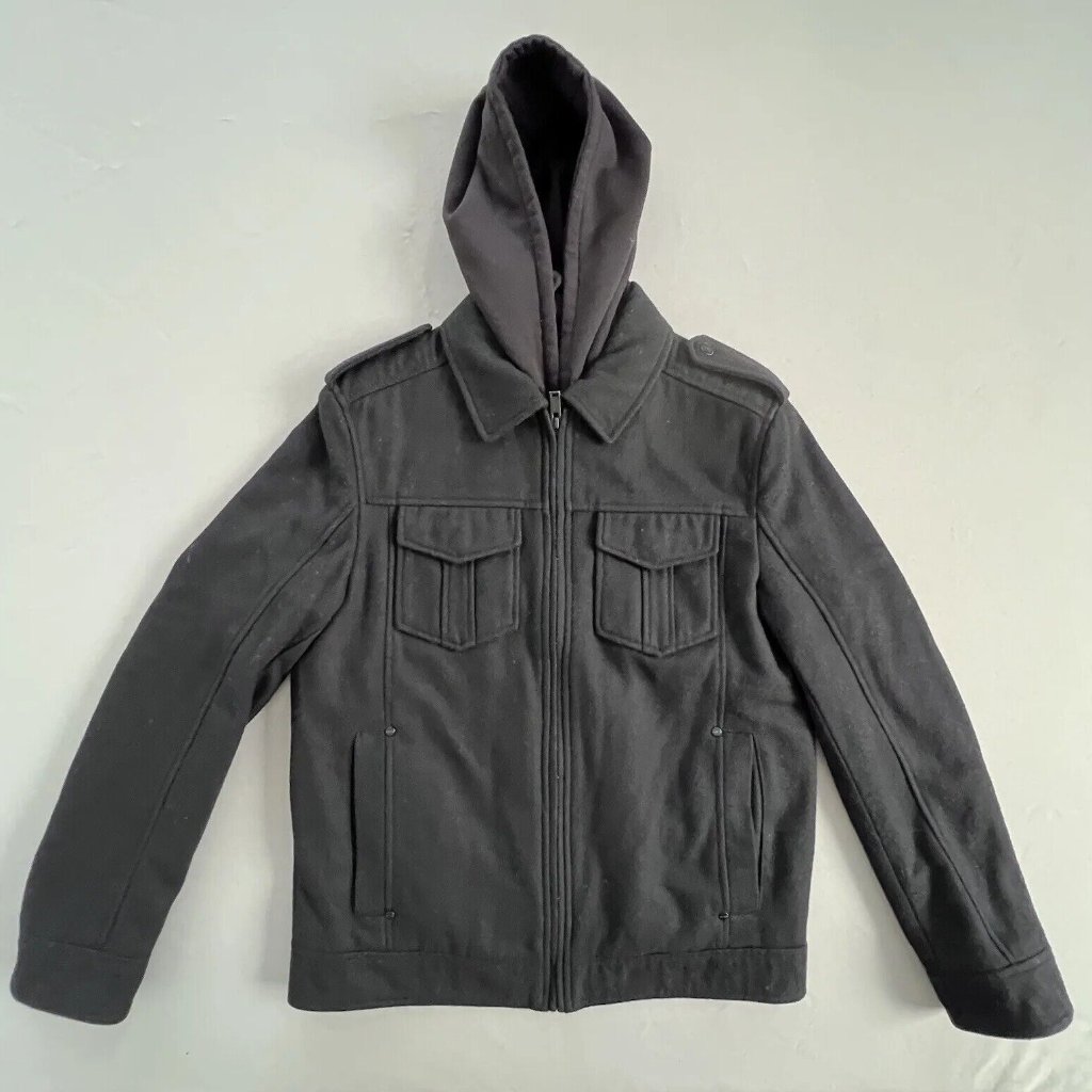 Guess Men Hooded Coat Wool Blend Size Medium Black Full Zip Lined Thermal Jacket